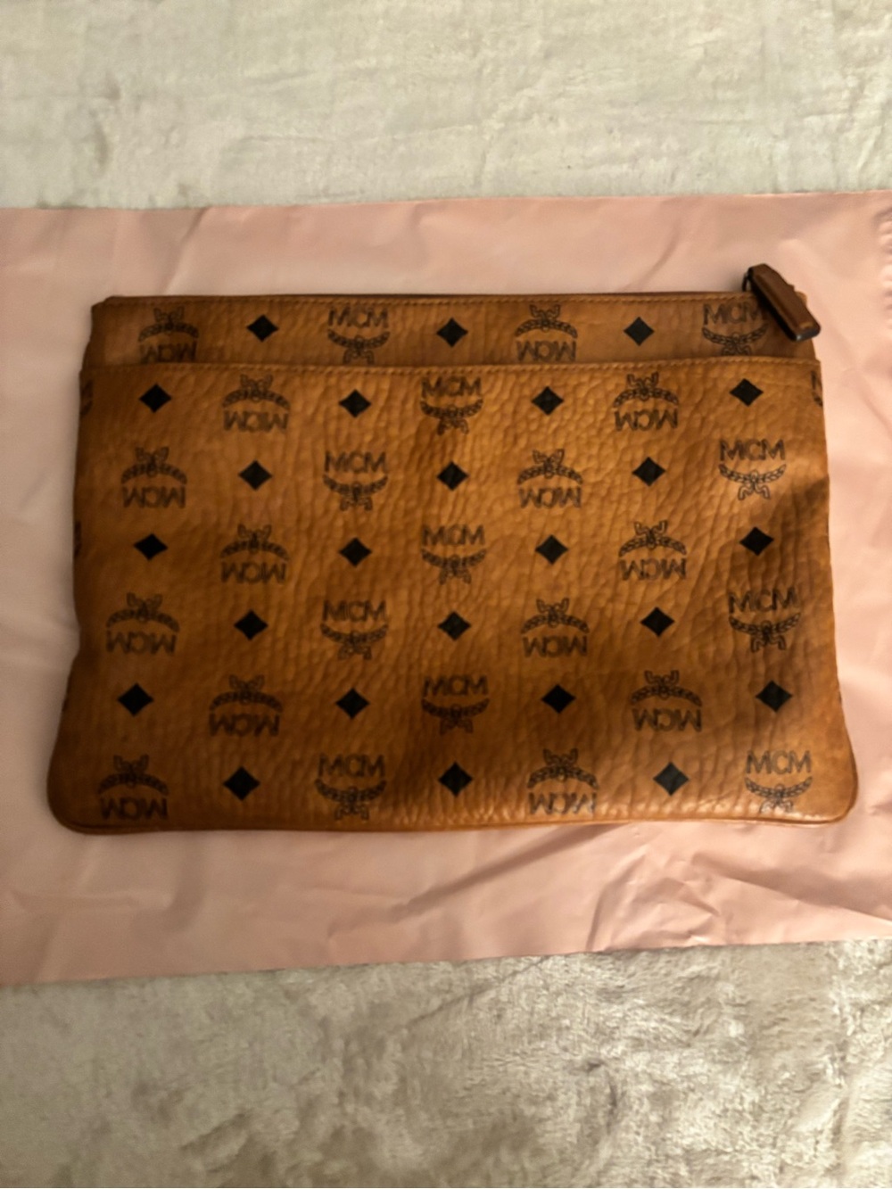 MCM Cognac Visetos Logo Zip Pouch with Black Print gently used